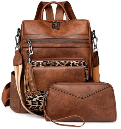 SONARIN PU Bolso Mochila Mujer,Impermeable Moda Mochila Damas con Monedero Mochilas Casual Bolso de Mano,Bolsa de Hombro Convertible para Viaje Escolar Trabajo(Marrón + Leopardo)
