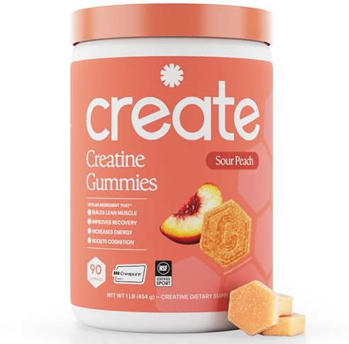 Create Creatine Monohydrate Gummies for Men & Women, Boost Focus, Strength, and Endurance, Anti-Melting Formula, Vegan, Gluten-Free, Non-GMO, 1.5g of Creatine per Gummy (Sour Peach)