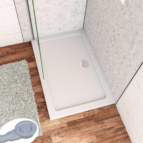 Receveur de douche à l'italien 90x80cm H.3cm, blanc, rectangulaire, Bac à douche extra-plat en résine, avec une bonde H.55mm Design ultra-mince