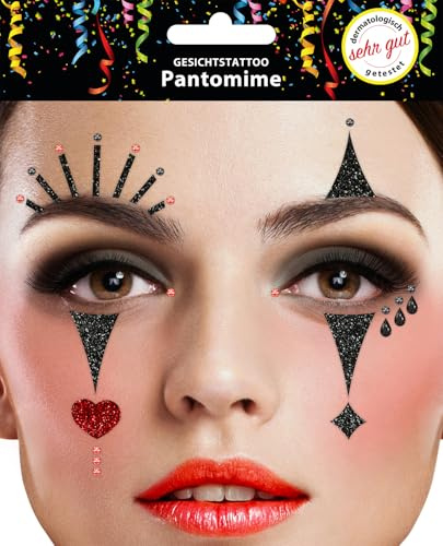 Trendandstylez Glitzer Gesichtstattoo Set – 30 Designs | Face Tattoo | Dermatologisch getestet | Karneval, Festival, Halloween, Fasching & Party Make Up Aufkleber (Pantomime)