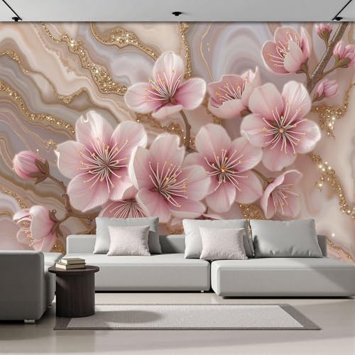 Carta Da Parati Delicato Rilievo Fiori Pesco 3D Effetto 400X280Cm Carta Da Parati Murale Lussuoso Effetto Marmo Fard Polvere Fotomurale Facile Da Installare Sala Pranzo Corridoio Fotomurale Da Parete