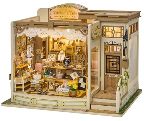 Spilay Miniatur Haus, Vintage Vitrine Puppenhaus Holz | DIY Miniature House mit LED-Licht, 3D Puzzle für Erwachsene, Miniatur Bausatz, Regal Deko Geschenk