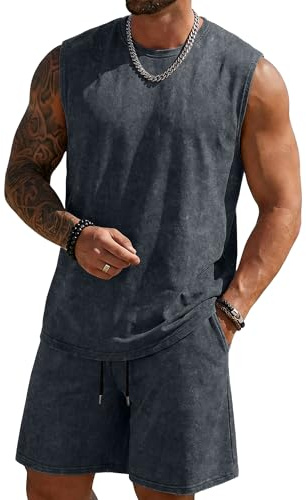 JMIERR Men's Tracksuit Cotton 2 Piece Water Wash Tank Top Sleeveless Tops and Short Vintage Summer Set