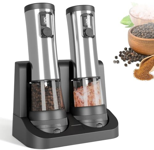Acero Inoxidable Molinillo Pimienta,Utensilios de Cocina(Plateado) | Indicador del Nivel de Batería y Base de Almacenamiento Recargable,con Ajustes de Grosor y Velocidad de Molienda Regulables
