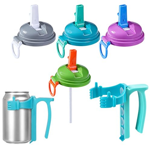 5PCS Can Lids for Fizzy Drinks, Can Lids for Tins – 4 Silicone Cup Lids + 1 Handle Holder for Standard Soda Cans, Leak Resistant Seals, Reusable Covers for Tin Cans