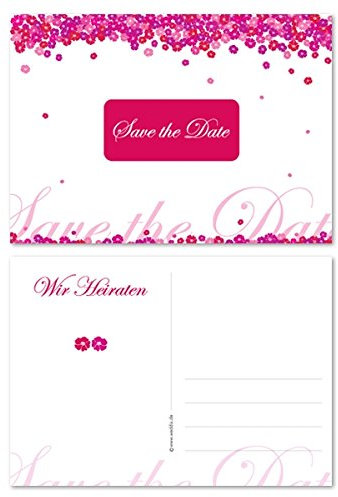 Save the Date Karten Hochzeit mit Blumen, 30er-Set - in Pink Rosa Weiß als Postkarte