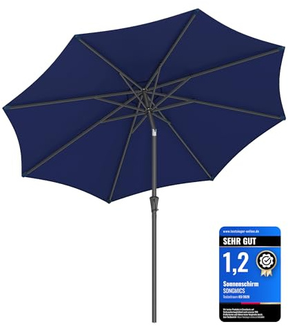SONGMICS Parasol de Jardin 300 cm, Protection Solaire UPF 50+, Ombrelle, Inclinaison 30°, avec Manivelle, pour Terrasse, Balcon, Piscine, sans Socle, Bleu GPU30BU