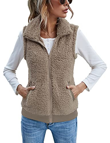 Womens Sherpa Fleece Vest Fuzzy Warm Sleeveless Zip Up Casual Coat with Pockets Camel S