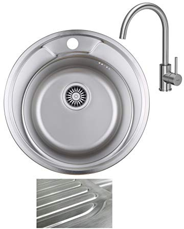 VBChome Inbyggd diskbänk med armatur fi 490 mm satinstruktur från 45 underskåp rostfritt stål diskbänk rund diskbänk camping avloppssats sifon kran inox rostfritt stål