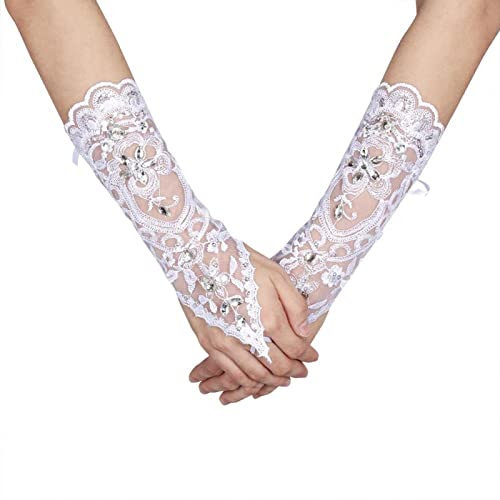 Niiyen Frauen Hochzeit Handschuhe, Braut Handschuhe, Vintage Syle Elfenbein weiße Spitze Braut Braut Strass Sexy Fingerlose Handschuhe Hochzeitszubehör(Elfenbein)