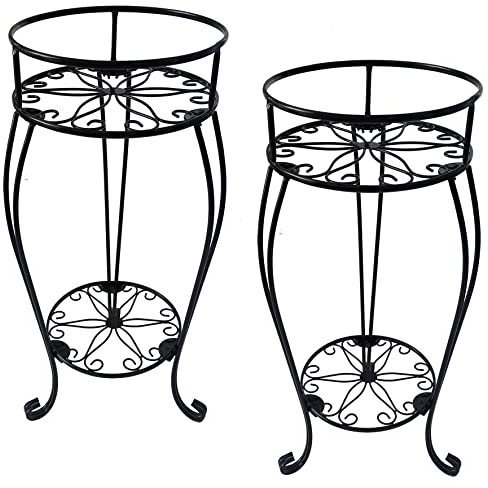 CASIMR 2-stöckiger Pflanzenständer, 2 Stück, 71.4 cm hoch, Metall-Topfhalter, für drinnen und draußen, mehrere Blumentöpfe, rostfrei, Eisen, Gartenbehälter für Garten, Terrasse, Eckbalkon, Schwarz