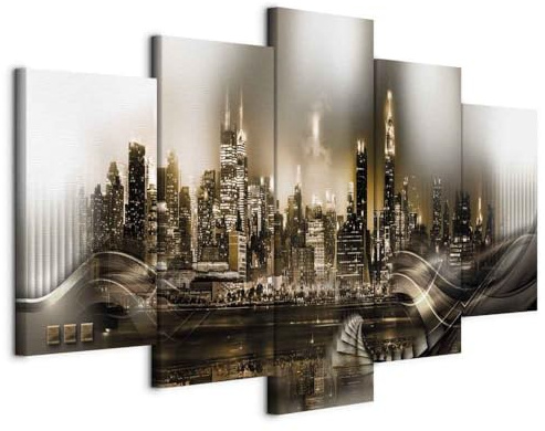 murando - Wandbilder XXL Stadt New York 100x50cm 5 tlg - Wand Deko Leinwand Bilder Groß Wanddeko Wohnzimmer Schlafzimmer Kunstdrucke – Wolkenkratzer Nacht NY d-C-10007-b-a