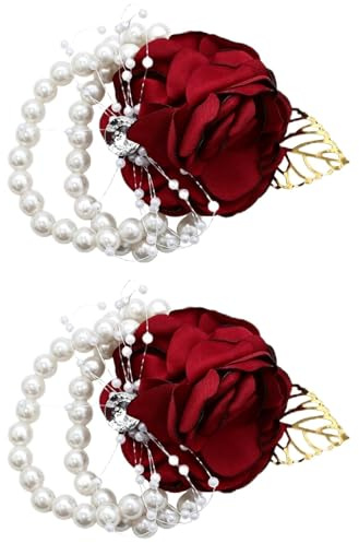 2 st blommig bröllopshandled med strass och pärla, TAIANJI bröllopshandled, rosenhandled, blomsterhandled för balevenemang, brud, årsdag (mörkröd)