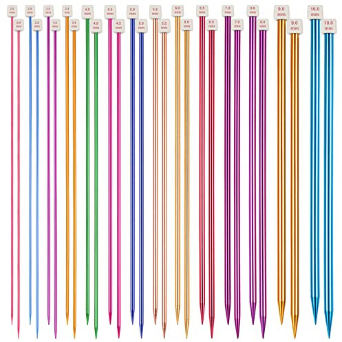Aeelike 35 cm Große Stricknadeln Set 28 Stück/14 Paar, Einspitzige Farbige Stricknadel Set 2mm-10mm, Aluminiumoxid Lange Gerade Stricknadeln mit Klare Abmessungen für Stricken Schals, Decken, Pullover