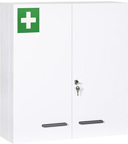 kleankin Medizinschrank, 2-türiger Medikamentenschrank, Abschließbarer Arzneischrank mit 6 Einlegeböden, Erste Hilfe Schrank für Medikamente und Verbandszeug, Stahl, Weiß, 55 x 18 x 60 cm