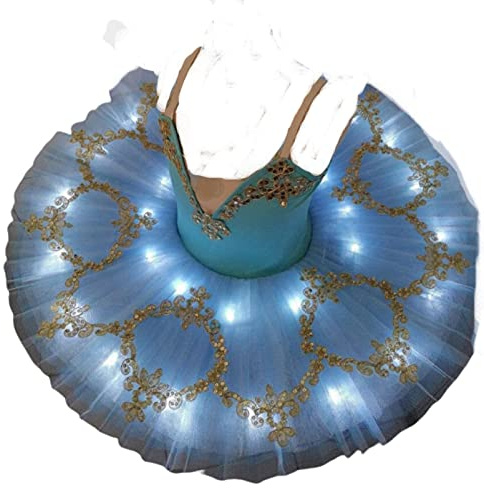 OTMYIGO Professionnel LED Ballet Tutu Filles Plateau crêpe Tutu Ballerine Robe de soirée Paillettes Ballet Danse compétition Costume,Bleu,150