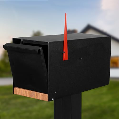 Ilyapa Black Modern Mailbox Post Mount - Black Powder Coated Steel & Printed Redwood Wood Grain Trim, Heavy Duty Curbside Parcel Box for Outside. All Weather & Corrosion Resistant Waterproof Design