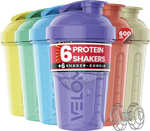 VELOMIX -6 PACK- 600ml Protein Shaker Bottle - 6x Wire Mixball for Lump-Free Shakes | Leak Proof Shaker for Protein Shakes | Protein Shake Bottle for Mixing Powdered Shakes | BPA-Free Shaker Cup
