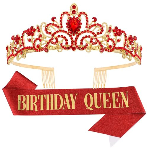 CHTENG Birthday Queen Sash and Tiara Rhinestone Crown Headband for Birthday Party Supplies (RED)