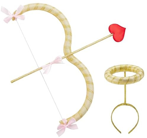 NIDONE Amor Pfeil und Bogen Set Kostüme, Erwachsene Amor Engel Halo und Bogen Kit Pfeile Valentinstag Amor Kostüm Zubehör Hochzeit Geburtstag Cosplay Kostüm Foto Requisiten – Gold – Einheitsgröße
