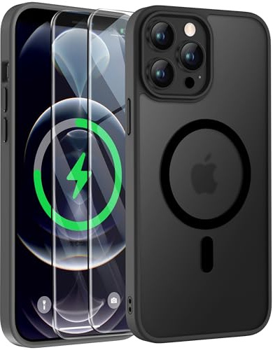 ORETECH für iPhone 12 Pro Max Hülle mit 2 Schutzfolie, Matt Schwarz | Kameraschutz,Kompatibel mit Mag Safe,Stoßfest Kratzfest Transluzente Rückseite Handyhülle für iPhone 12 Pro Max