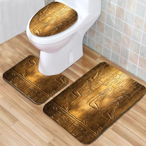 Badematte Ägyptisches Pharao-Muster und goldenes Relief Badezimmerteppich Set 3 Teilig Mikrofaser Badteppiche und WC Vorleger mit Ausschnitt Waschbar rutschfeste Badvorleger Toilette Teppich