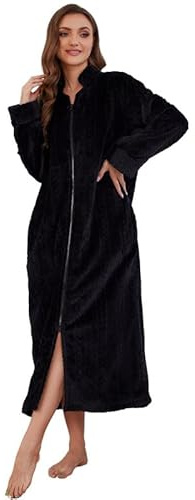 LYCY Damen Plüsch Reißverschluss Bademantel flauschig langer Fleece Morgenantel warm bequem Hausmantel mit Taschen