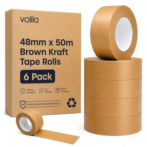 volila Brown Paper Tape - 6 Pack Recyclable Kraft Tape, 48mm x 50m Eco Tape for Presents, Packaging, Moving Boxes & Framing, Strong Adhesive Plastic Free Tape