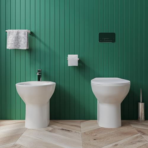 Sanitari bagno filomuro a terra RIMLESS Bidet e Vaso WC in ceramica con sedile coprivaso softclose SIGMA