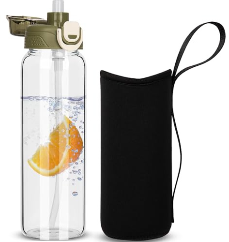 DEARRAY 0.8l Trinkflasche Glas Flasche mit Strohhalm 800ml Glasflasche mit Schutzhülle, Auslaufsicher BPA frei Wasserflasche für Sport, Smoothie, Früchte Kohlensäure geeignet