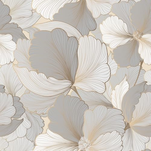 Yullpaper Carta Da Parati Fiori Pellicola Adesiva Beige/Oro/Grigio Per Pareti Carta Adesiva Per Mobili Fantasia Decorazione Da Parete Modello Floreale Rivestimento Adesivo Per Mobili 44,5cm x 300cm