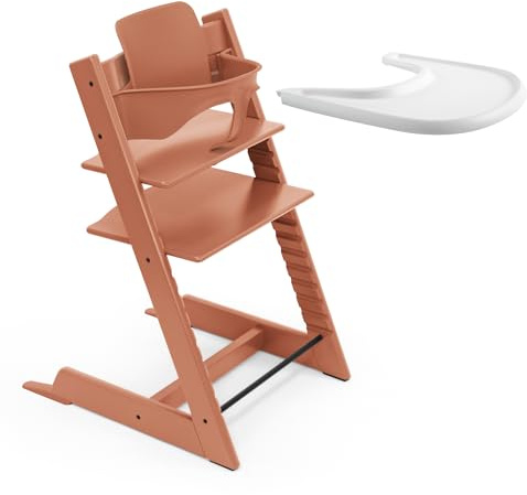 Stokke Tripp Trapp Hochstuhl (Terracotta) mit Stokke Tablett (White) - ein verstellbares, ergonomisches und leicht zu reinigendes Babyset für Kinder im Alter von 6-36 Monaten