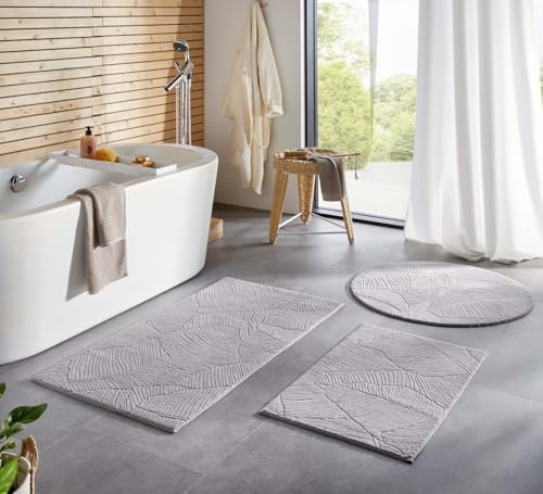 Taracarpet Badematte Homestyle rutschfest waschbar Badezimmerteppich Bad-Vorleger, WC Deko, Duschvorleger für Dusche und Badewannen sehr weich und kombinierbar Grau Blätter 080x150 cm