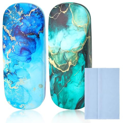 2 Pièces Funky Boîte à Lunettes en Métal Rigide, Classique Étui à Lunettes avec 2 Chiffon, Marbre Grain Étui à Lunettes en Cuir PU, Portable Étui de Protection pour Lunettes Myopie Lecture Soleil