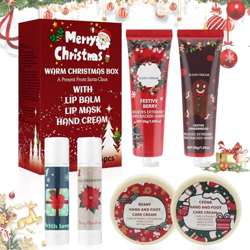 HASAIKA® Set de Crema de Manos, Set de Cremas de Manos Navidad con Bálsamo Labial, Crema de Manos Hidratante, Crema de Pies, Adecuado para Regalos de Fiestas de Navidad (6 piezas)