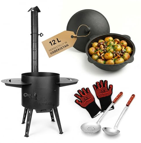 Komplettset Ø40cm Uchag 2mm Stahl Utschak mit Abzugsrohr 12L Kazan Usbek | Aluminiumdeckel Kasan Seitentische Grillhandschuhe Feuerstelle Campingofen Außenküche Eintopfofen Schaumkelle Suppenkelle