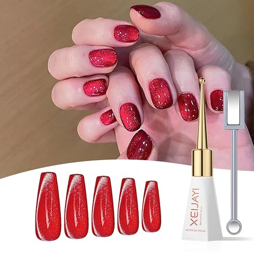 MrCuvaryas Smalto Gel UV Cat Eye Rosso - Smalto magnetico con finitura brillante per unghie, smalto per unghie Cateye con effetto occhio di gatto, smalto gel duraturo - Smalto Soak Off UV LED