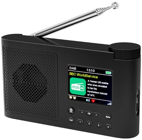 WOVTE DAB Portable Digital Radio Rechargeable Battery or Mains Powered Small FM Radio with Bluetooth Alarm Clock Sleep Timer (Black (Colour Display Arc Edge Design))