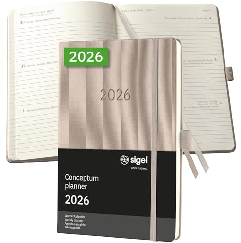 SIGEL C2660 Wochenplaner Wochenkalender 2026, ca. A5, taupe, Hardcover, 192 Seiten, Gummiband, Stiftschlaufe, Archivtasche, aus nachhaltigem Papier, Kalenderbuch Conceptum