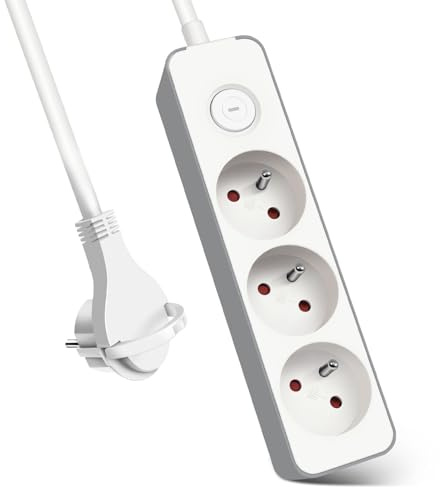 EXTRASTAR Multiprises 3 Prise avec Interrupteur Fiche Plate, Bloc 3 Prises, Rallonge 1.5m 230 V avec sécurité Enfant, Blanc