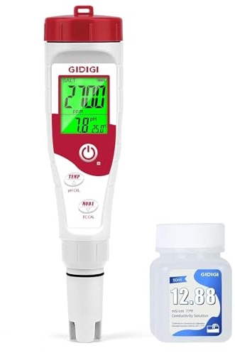 GIDIGI Medidor Salinidad Piscina, 5 en 1 Comprobador pH Sal EC TDS y Temp, con Solución de Calibración 12.88mS/cm, Kit Analizador Piscina Agua Salada para Piscinas, Acuarios, Hidroponía y Agua Potable
