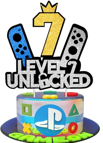 JSRHEEM Födelsedagstårtdekoration för spelfans, nivå 7 låst upp, glittrande spelkonsol, cupcake-toppare för pojkar och flickor, ålder 7 år (7 år)