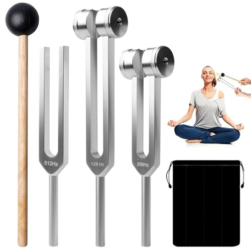 WANDGU Stimmgabel Hammer Set: 3 Stimmgabeln 128 Hz, 256 Hz, 512 Hz, Stimmgabel Set mit Schlägel + Stofftasche, Stimmgabeln Instrument Angebot Genaue Frequenzgang für Klangtherapie, Anti-Stress