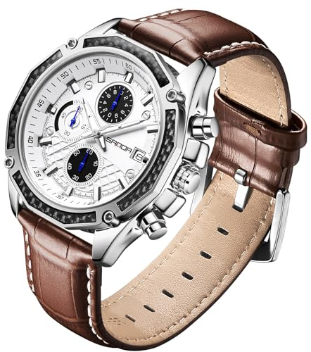 Uomo Orologio da Uomo per Gli Uomini Analogico Quarzo Orologi con Impermeabile Cronografo Calendario Cinturino in Pelle Acciaio Inox Orologio Classico Elegante Moda Orologio da Polso (Bianco-Marrone)