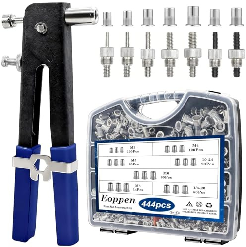 Eoppen 444Pcs Rivet Nut Tool Kit, Rivnut Tool Kit with 7 SAE and Metric Mandrels (10-24, 1/4-20, M3, M4, M5, M6, M8) and Rivet nut Assortment Kit with Rugged Carrying Case(Aluminum Alloy)