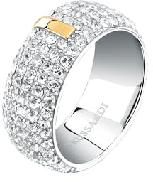 Trussardi Anello Donna in Acciaio, Cristalli a Fascia con Dettaglio Dorato, Collezione T-ROUND