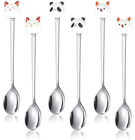OT-NVWOZR 6pcs Cute Cat Spoons, Stainless Steel Coffee Spoon for Dessert, Cartoon Latte Ice Cream Teaspoons for Cake Tea Sugar Yogurt Milk Stirring Party (6, Spoons)