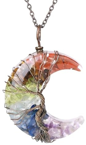 Générique Collier Pendentif Arbre De Vie Enroulé En Fil De Fer Reiki Pendentif Croissant De Lune Énergie Cristal Spirituel Bijoux Fait Main Naturel Gravier Pierre Précieuse Collier Pour Femme 7