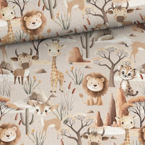 100x150cm Safari Tiere Baumwollstoff - Kinderstoffe & Babystoffe mit Löwe Giraffe Gepard - Stoffe zum Nähen für Kinder & Baby aus 100% Baumwolle - Premium Baumwollstoff - keine Meterware - Safari Boy