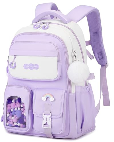 Amythe Zaino Bambina per Scuola Elementare e Media, Zaini Scuola con Riflettori e Adorabili Ciondoli per Ragazze 9-16 Anni, Zainetto Casual per Viaggio, Viola